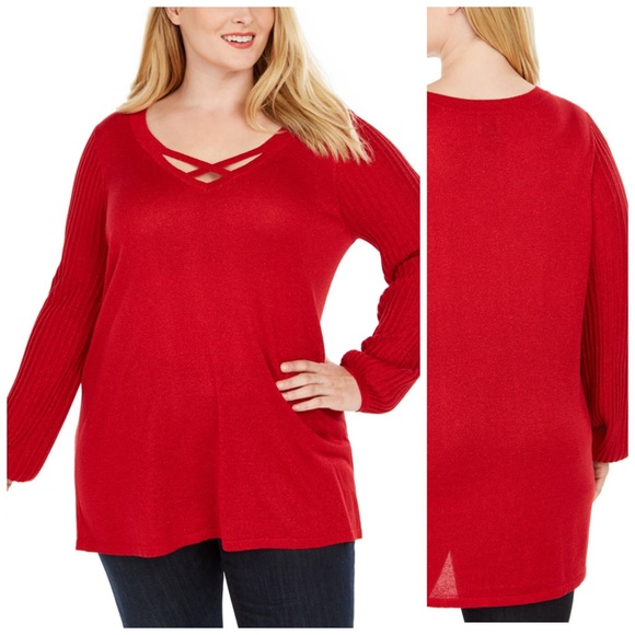 JM Collection Sweaters - JM Collection Sparkly Red Crisscross Sweater Sz 3X